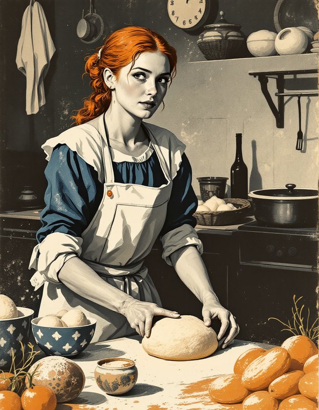 Red haired woman in a linen apron shaping bread dough in a vintage rustic kitchen