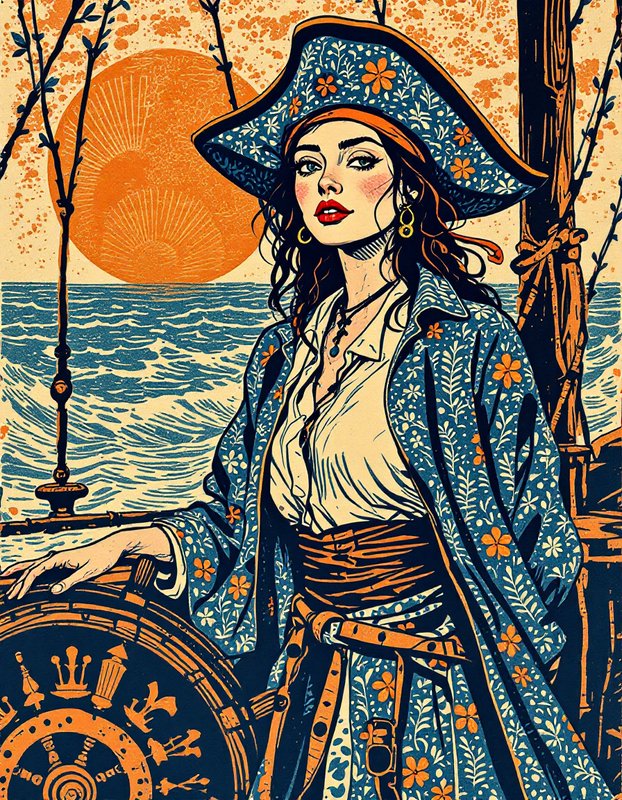 Female pirate captain stands at a ship's wheel overlooking the ocean at a vibrant orange sunset
