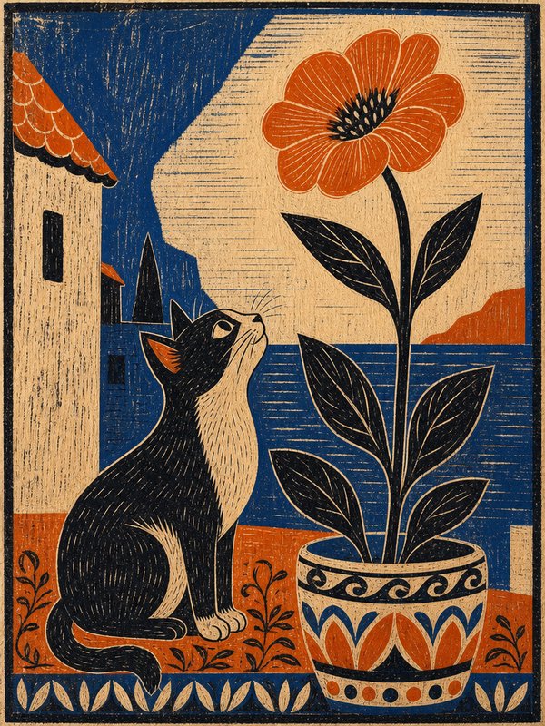 Linocut illustration of a tuxedo cat gazing up at a tall potted orange flower on a coastal terrace
