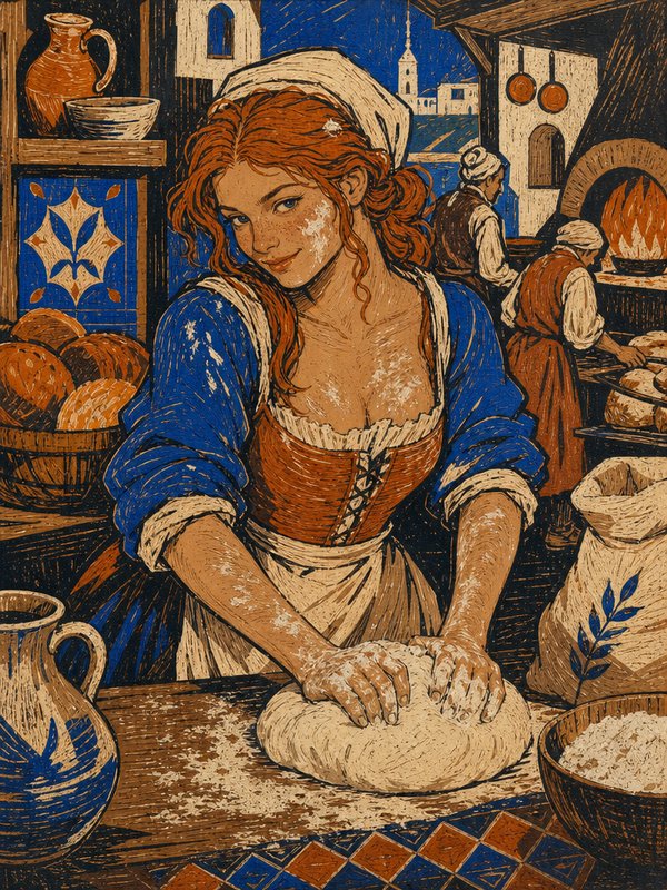 Red-haired female baker kneads bread dough at a wooden table inside a cozy rustic village bakery