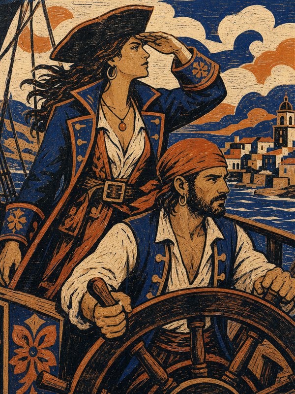 Pirate couple stand at a ship's wheel approaching a sunlit coastal town in bold linocut style