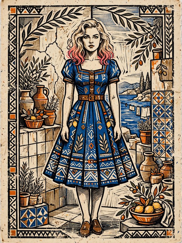 Linocut portrait of a blonde woman with pink hair tips standing in a Mediterranean tiled courtyard