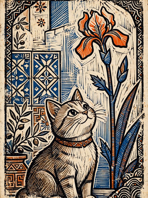 Linocut tabby cat sitting and looking up at an orange iris in a decorative folk art interior