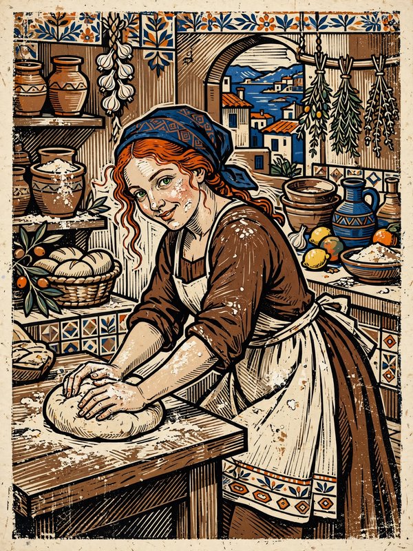 Smiling red-haired baker kneads bread dough in a cozy Mediterranean kitchen, vintage linocut illustration