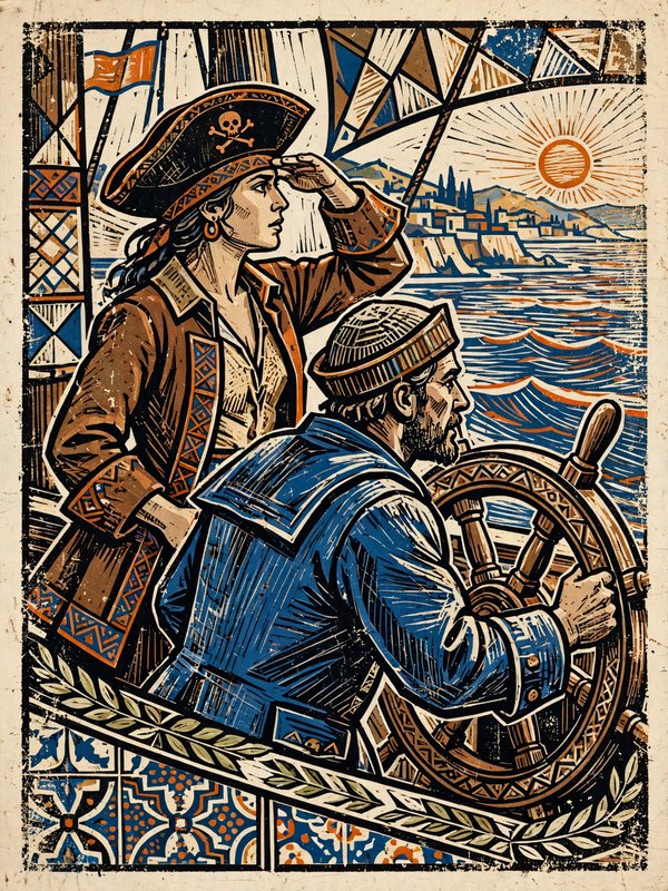 Female pirate captain scans the horizon as a helmsman steers their ship toward a sunlit coastal shore
