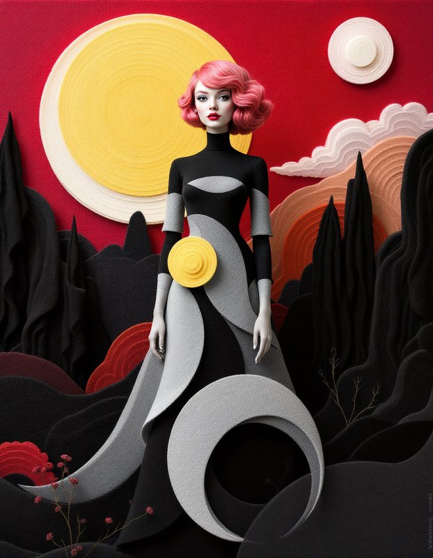 Layered felt craft portrait of a pink-haired woman in a geometric gown against a surreal sunlit landscape