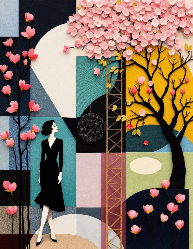 Elegant woman in a black dress standing between blooming pink blossom trees in a geometric paper cut artwork
