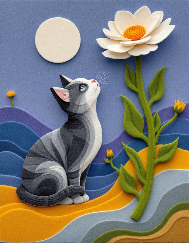 Layered paper craft gray and white cat gazing up at a large flower beneath a pale full moon