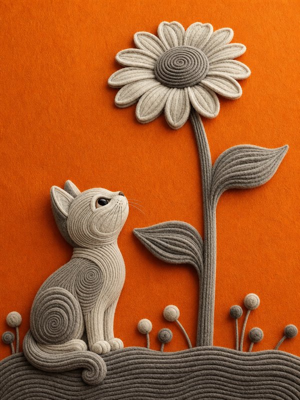 Textured felt craft of a sitting grey cat gazing up at a large daisy against a bright orange background
