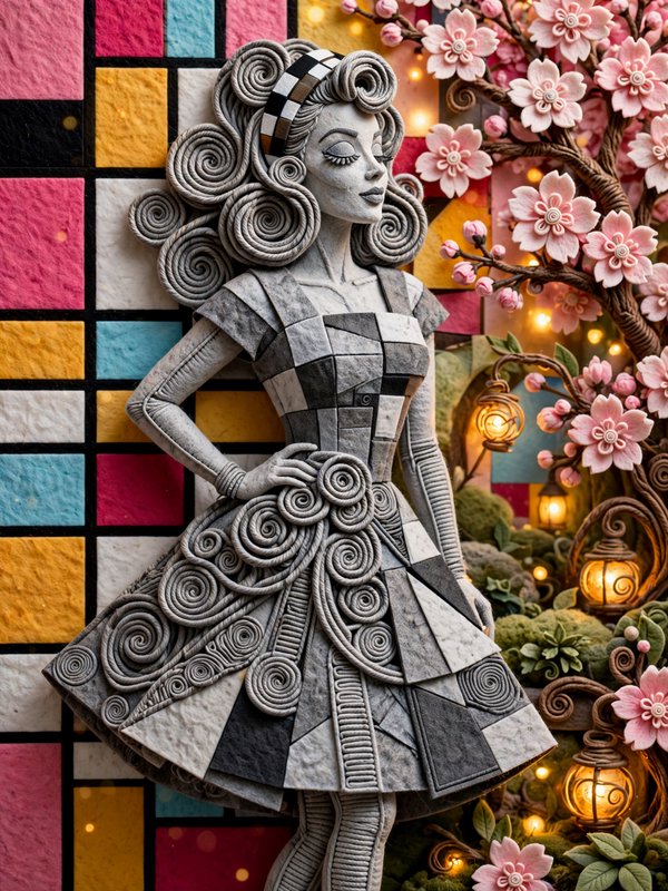 Intricate quilled paper sculpture of a retro-styled woman next to cherry blossoms and glowing lanterns