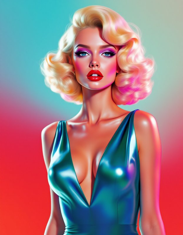 Stylized retro glamour portrait of a blonde pinup woman with pink-tipped hair and metallic teal gown