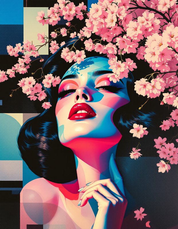 Bold graphic pop art portrait of a woman framed by blooming pink cherry blossom branches