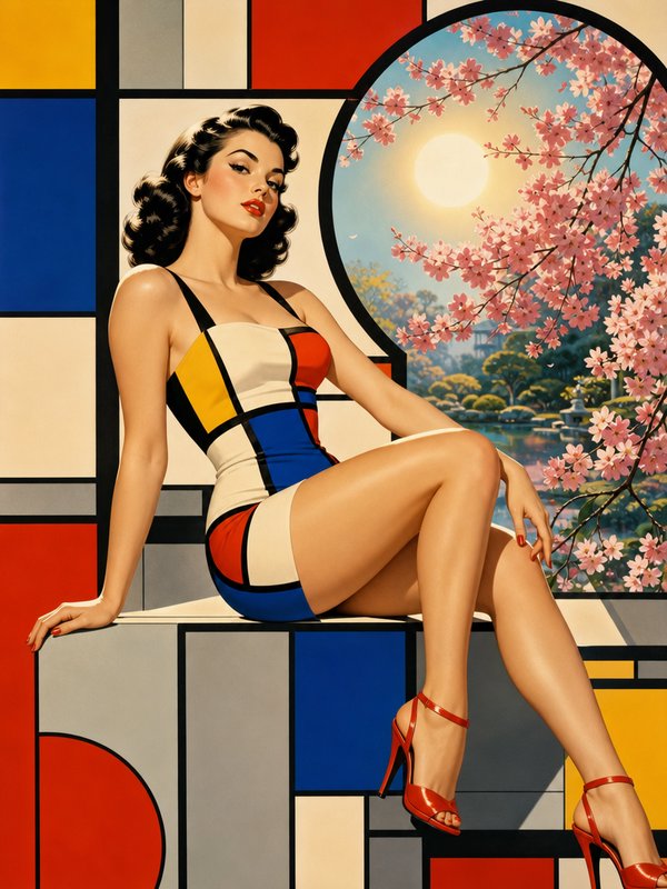 Retro pinup woman wearing a Mondrian pattern dress sits beside a circular window with cherry blossom sunset view