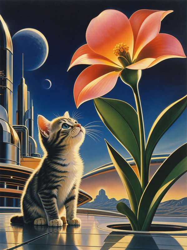 Fluffy tabby kitten gazes up at a giant peach flower on a futuristic alien terrace at twilight