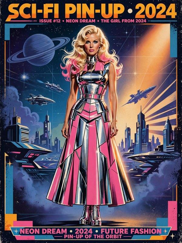 Retro sci-fi pin-up magazine cover featuring a glamorous woman in a futuristic pink and silver gown above a space city