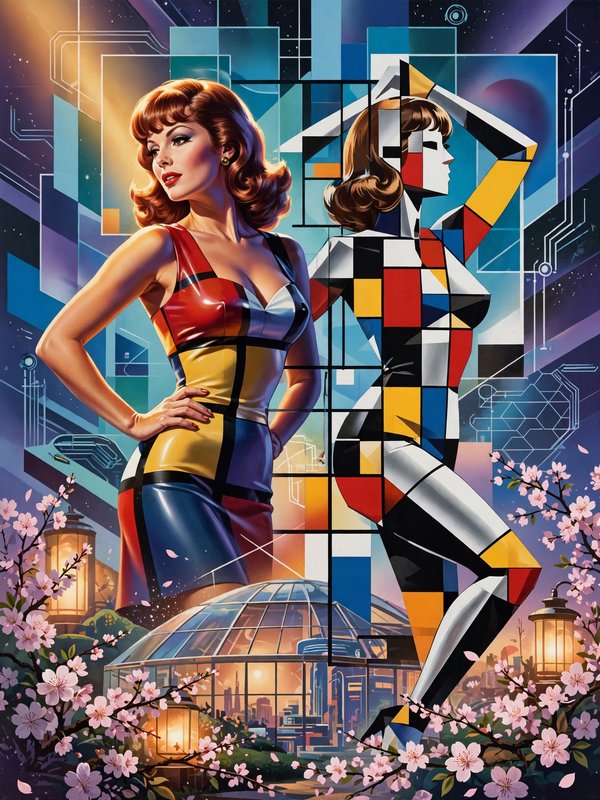Retro pinup woman in a Mondrian patterned dress stands beside her fragmented geometric cubist alter ego