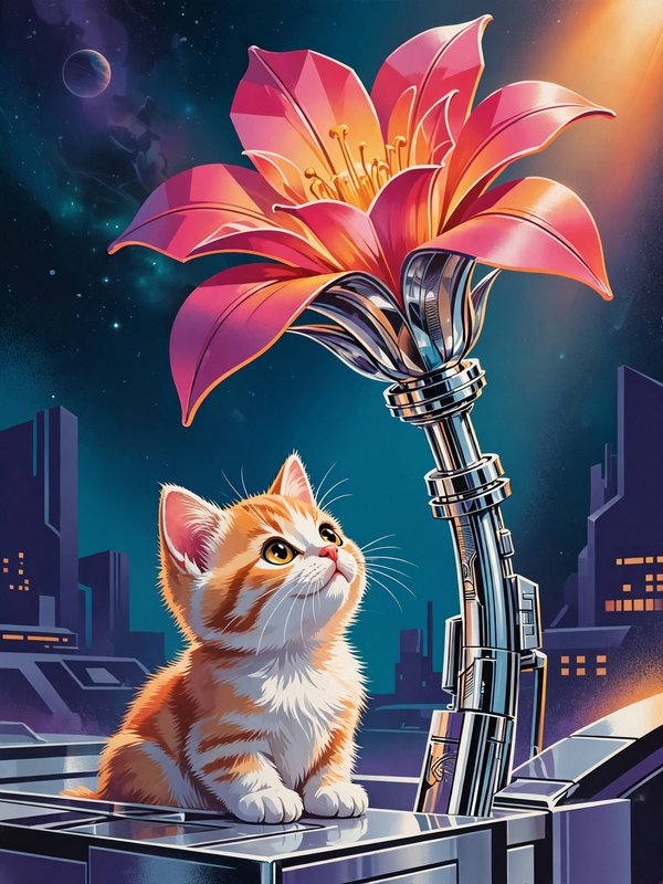 Fluffy orange tabby kitten gazes up at a giant cybernetic lily flower above a futuristic city skyline