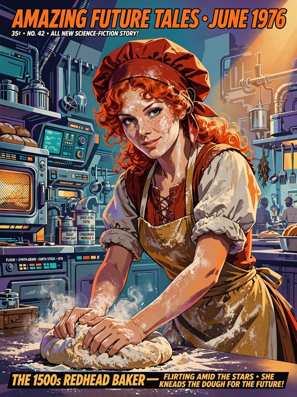 1976 retro sci-fi pulp magazine cover of a flour-dusted redhead baker kneading dough in a futuristic industrial kitchen