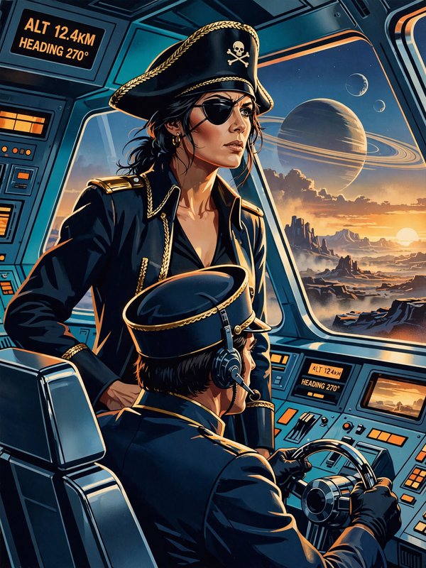 Female space pirate captain stands in a starship cockpit as a pilot navigates above an alien world