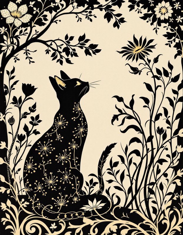 Seated black cat silhouette with delicate gold floral accents framed by an intricate botanical border