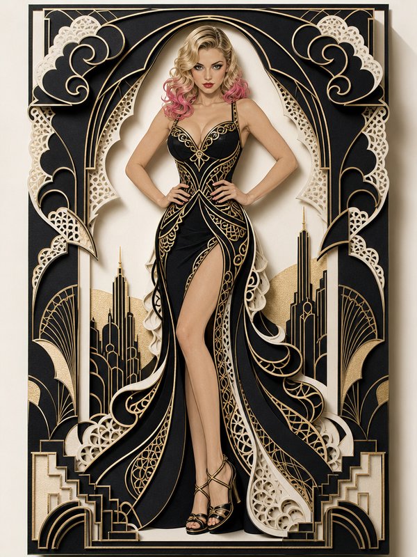 Intricate art deco papercut of a glamorous woman in a black gold gown with pink tipped blonde hair