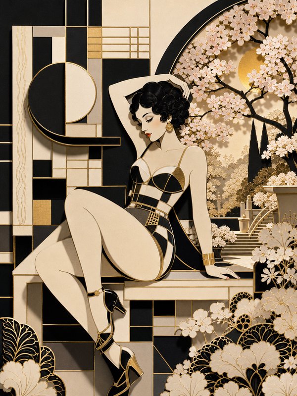 Art deco illustration of a seated 1920s flapper woman framed by geometric details and cherry blossom foliage
