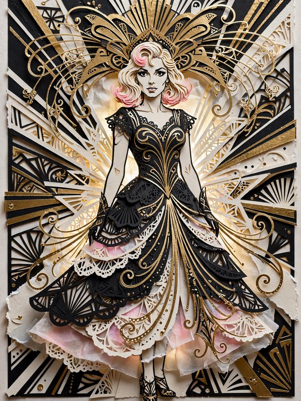 Layered art deco papercut of a glamorous woman in an ornate black and gold gown with pink tipped blonde hair