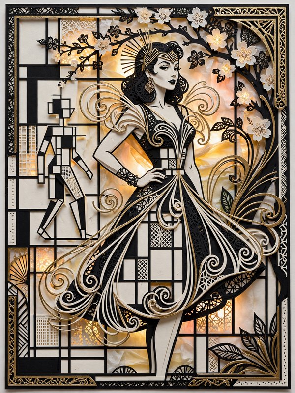 Intricate layered papercut artwork depicting a glamorous Art Deco woman surrounded by geometric and floral details