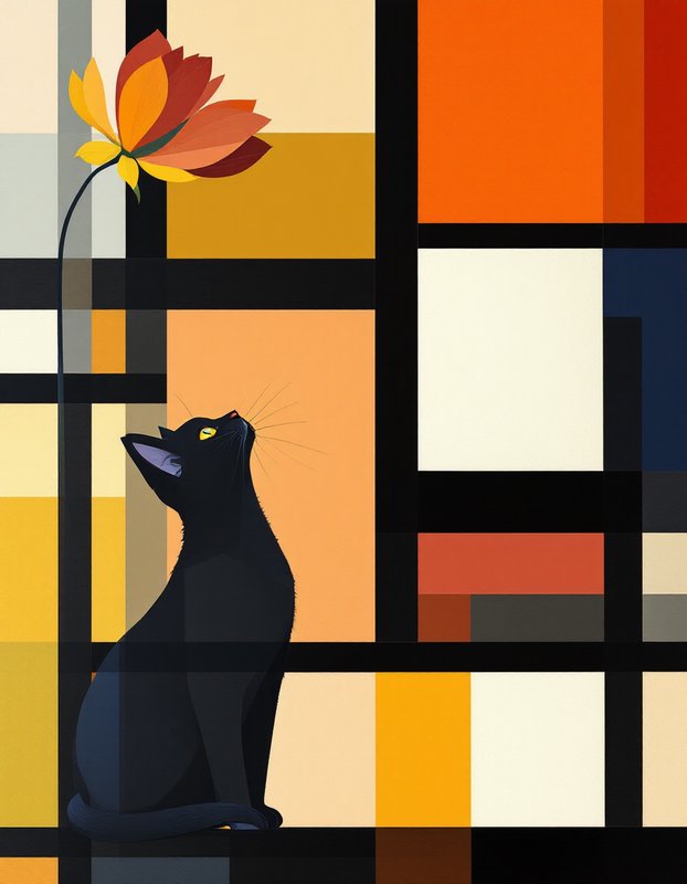 Sleek black cat gazes upward at a stylized flower against a geometric grid background