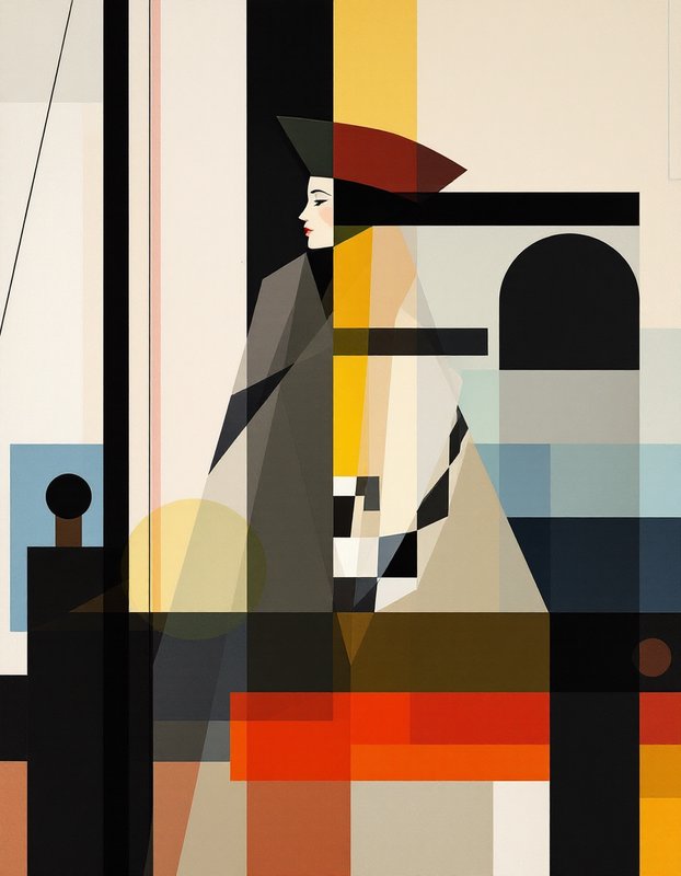 Geometric cubist abstract illustration of an elegant woman in profile composed of overlapping color blocks