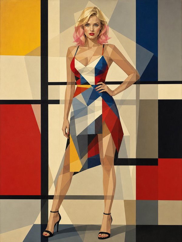 Cubist geometric portrait of a blonde woman with pink hair tips posing in a color-blocked dress against a Mondrian grid