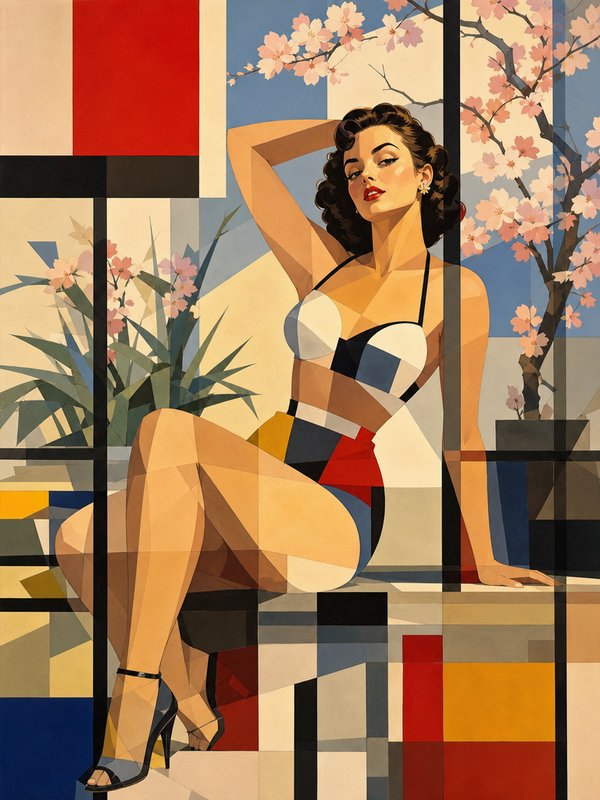 Cubist geometric illustration of a retro pinup woman seated amid cherry blossoms and Mondrian-style block patterns