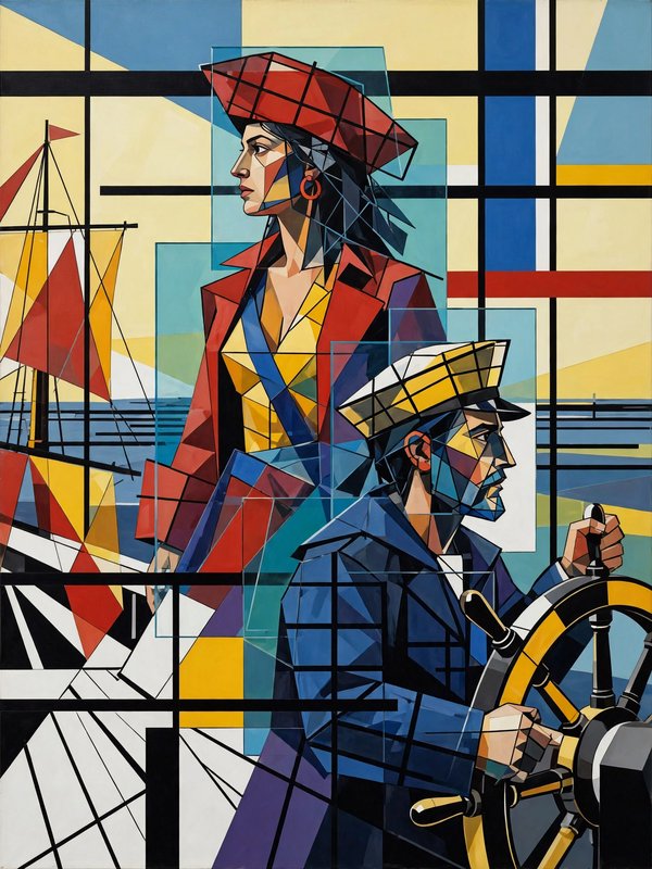 Geometric cubist painting of a ship captain steering beside a woman on a sailing vessel deck