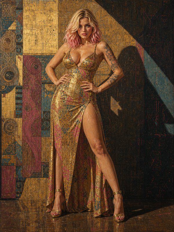 Tattooed woman with pink gradient hair in an ornate gold gown poses against a geometric mosaic backdrop