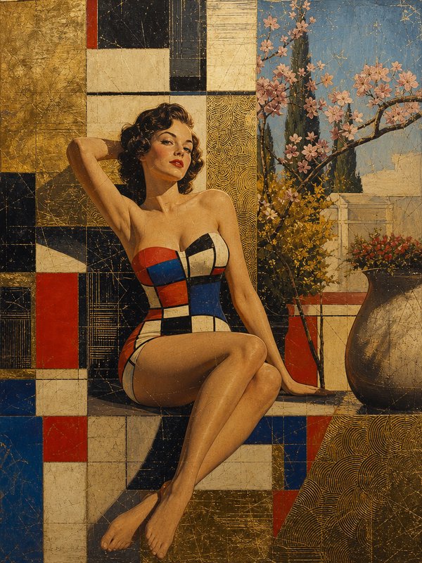 Seated 1950s pinup woman wears a Mondrian pattern swimsuit against a gilded geometric tile backdrop