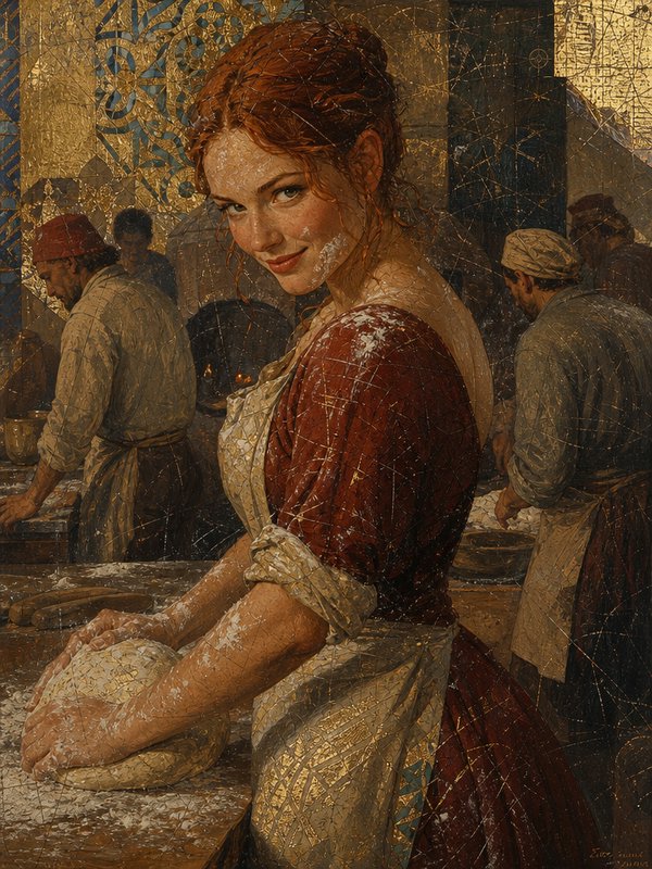 Smiling red-haired female baker kneads dough while looking at the viewer in a busy historic bakery