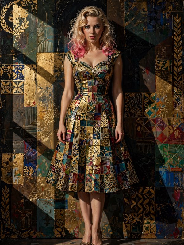 Model with blonde pink ombre hair stands in a geometric gold mosaic dress against an ornate gilded wall