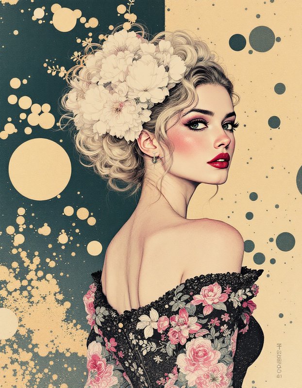 Glamorous blonde woman with a floral updo looks over her shoulder against a split dotted retro background