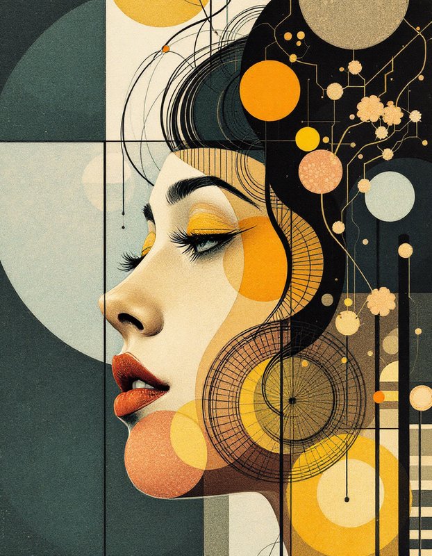 Stylized art deco profile portrait of a woman overlaid with geometric circular and line art elements