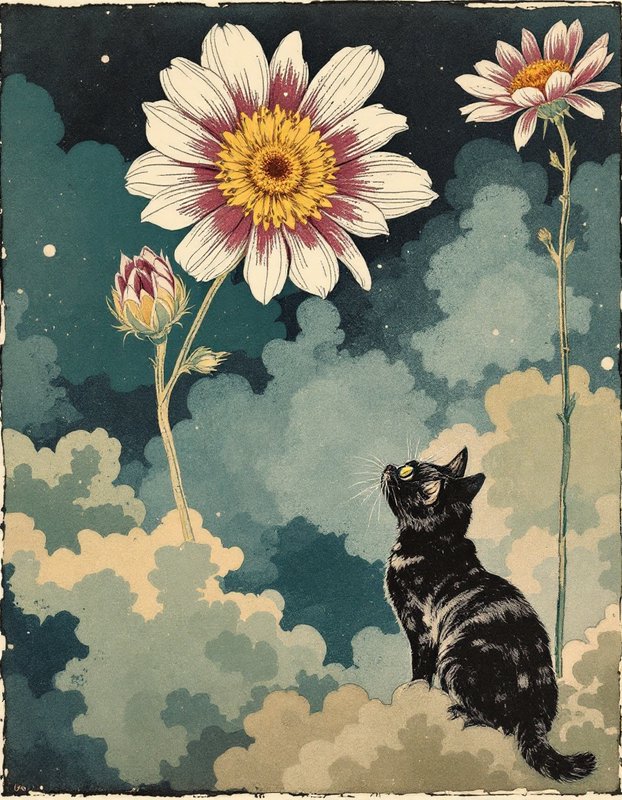 Black tabby cat sits on fluffy clouds gazing up at giant flowers under a starry night sky
