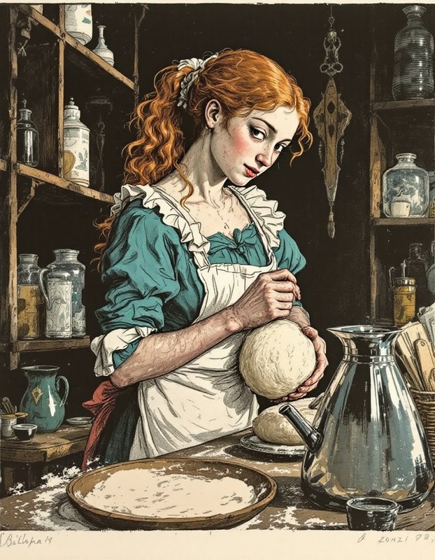 Young red haired woman shaping bread dough at a rustic vintage kitchen worktable