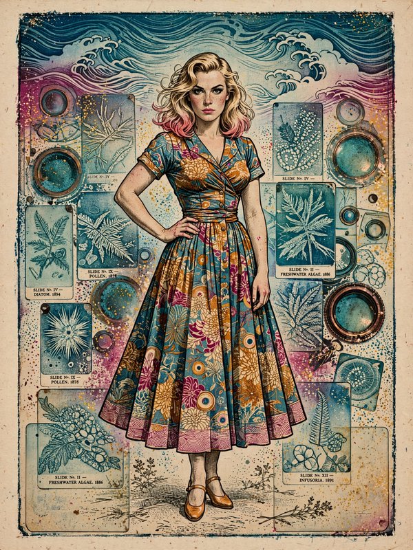 Illustrated portrait of a blonde woman with pink hair tips in a vintage floral dress against a botanical science themed