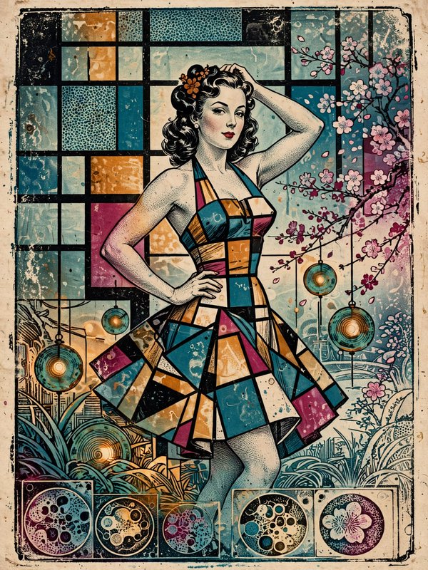 Retro 1950s pinup woman in a geometric patchwork dress posed against a decorative stained glass garden backdrop