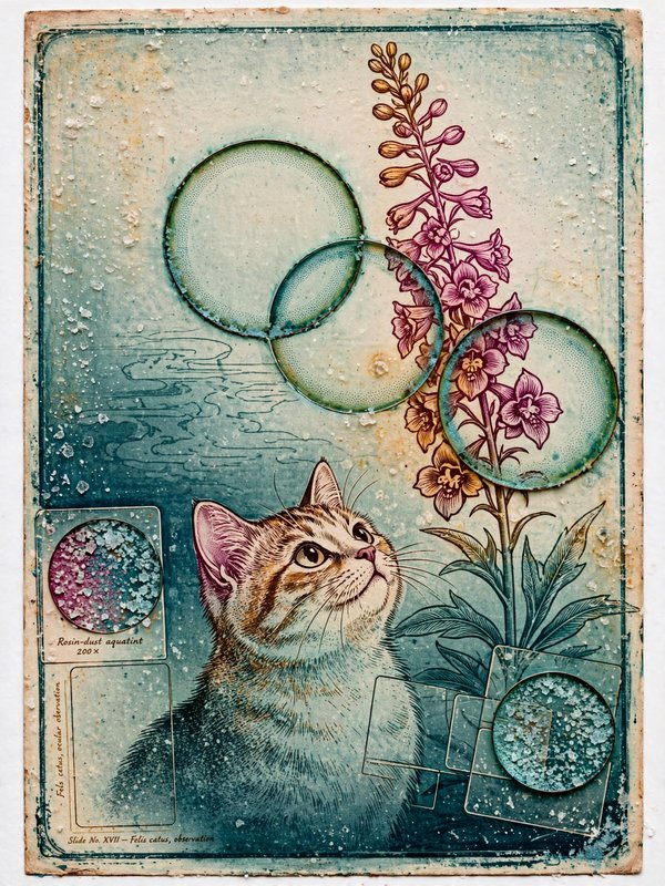 Vintage aquatint illustration of a tabby cat gazing up beside pink wildflowers and floating glass bubbles on aged paper