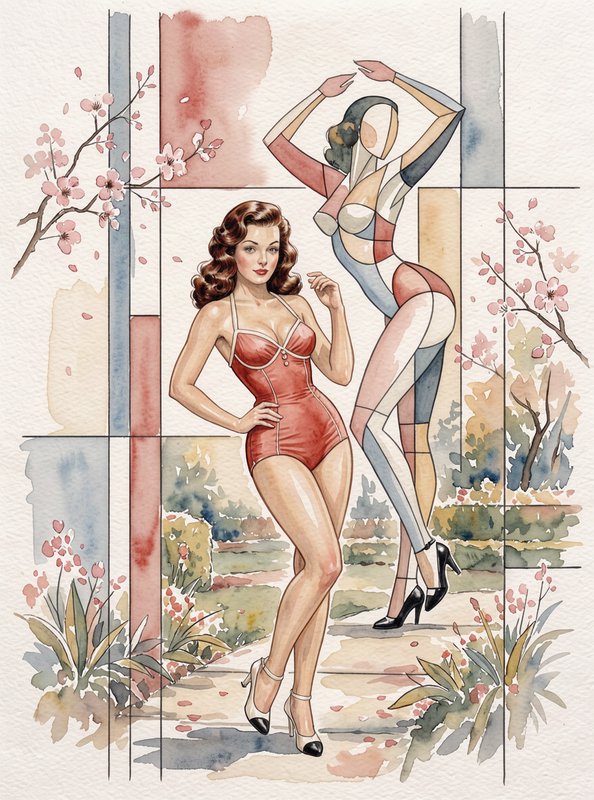 Retro 1950s pinup in a red swimsuit stands beside a geometric cubist figure framed by cherry blossoms
