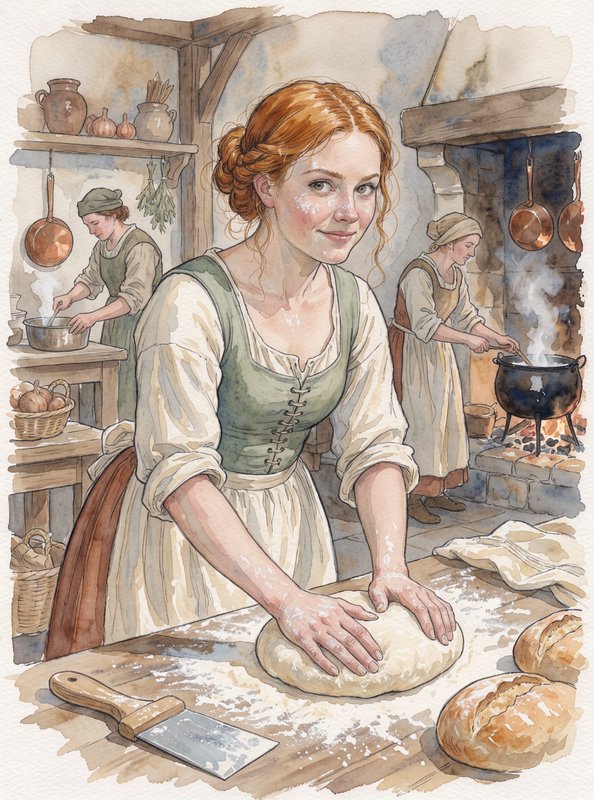 Smiling red haired woman kneads bread dough in a cozy medieval cottage kitchen with other working cooks