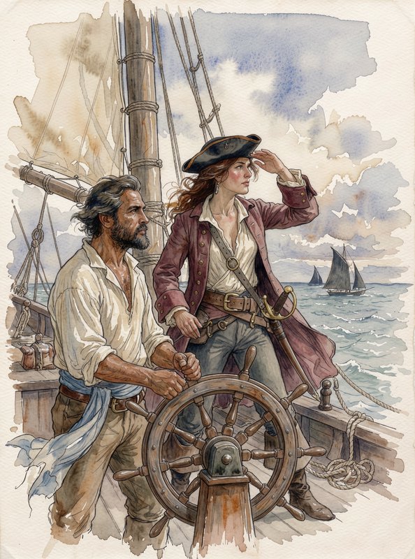 Rugged helmsman and female pirate captain stand on a tall ship deck scanning the open ocean