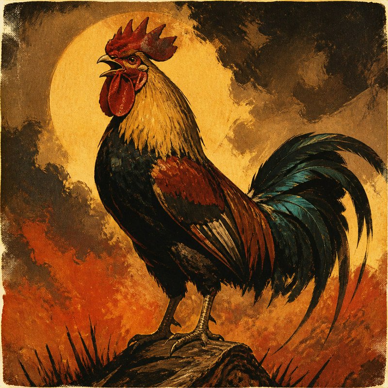 Crowing rooster perched on a weathered log against a glowing golden sunrise sky