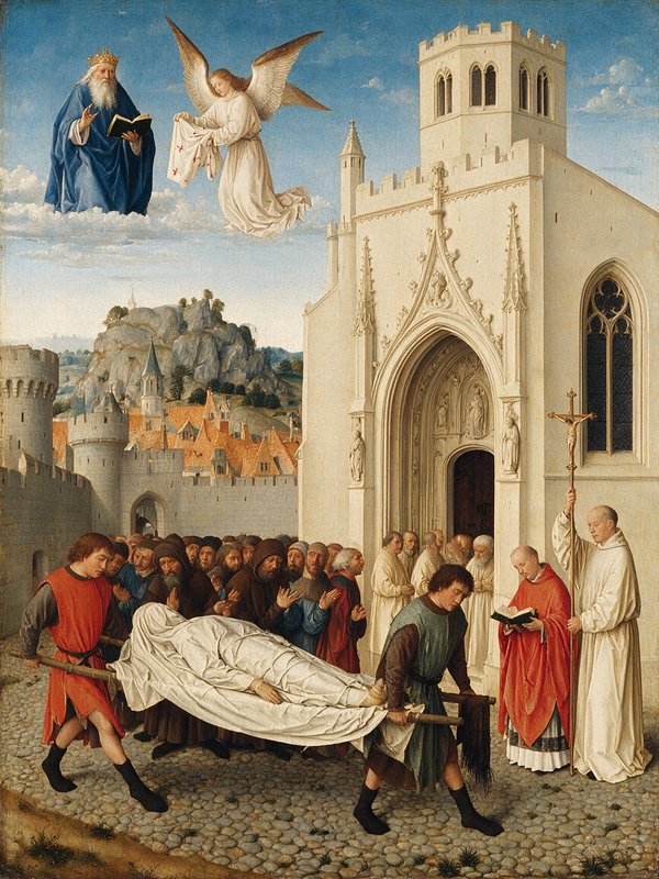 Medieval religious painting of a funeral procession outside a gothic cathedral with divine figures hovering above the scene