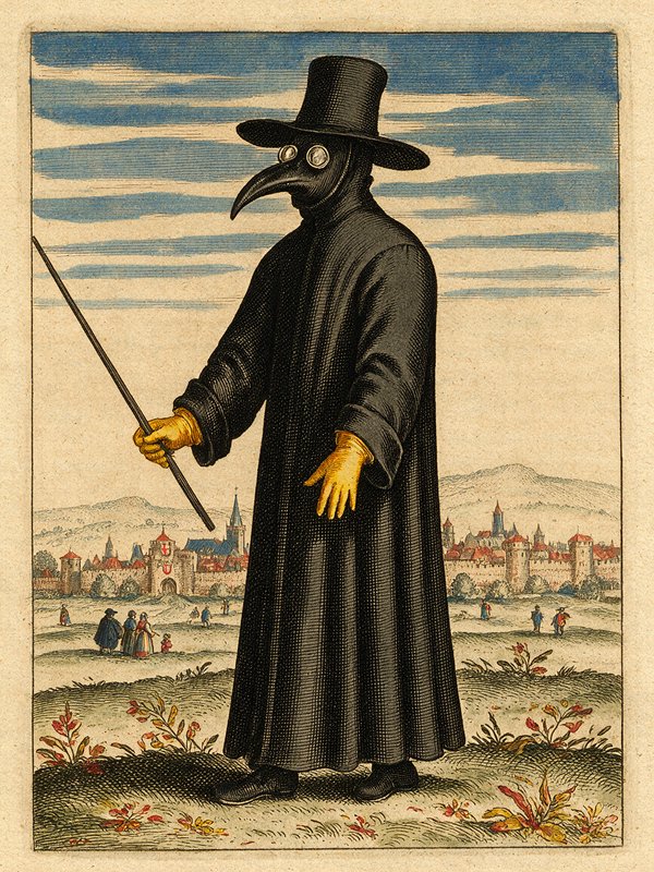 Historical plague doctor in a beaked protective mask stands before a medieval walled city landscape